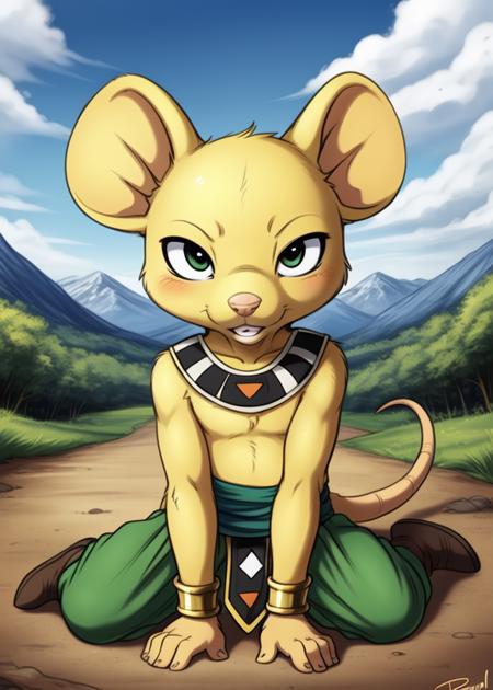 47597-4073792019-_lora_QuitelaDrBall_0.95_ QuitelaDrBall, Mouse, yellow soft skin, gold cuffs on the arms, green pants, dark green belt, gray boo.png